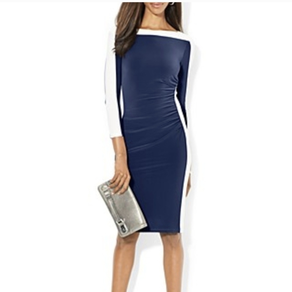 Ralph Lauren Blue and White Ruched Sheath Dress